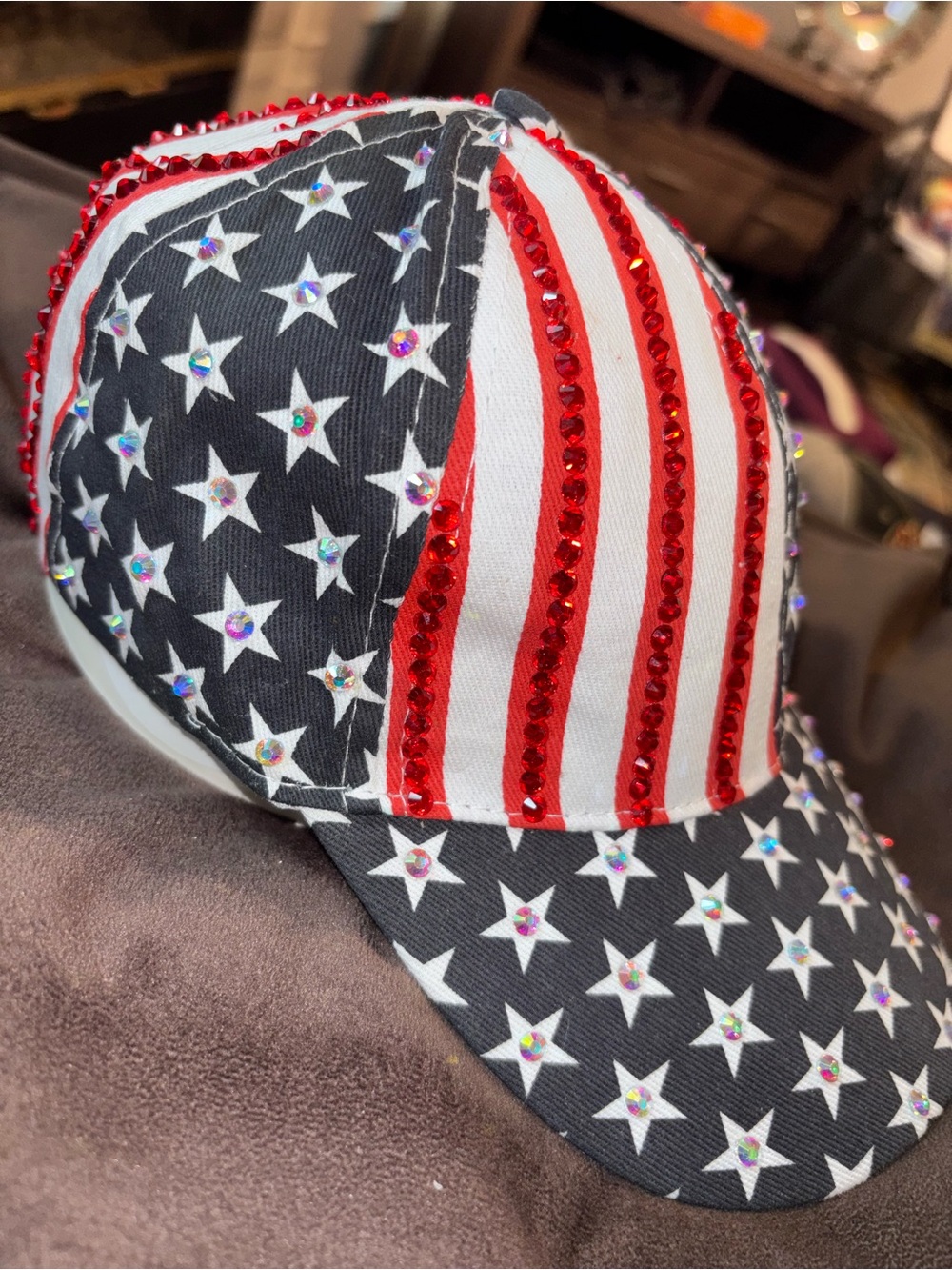 Rhinestone American Flag Star Baseball Cap - Red, White, Blue
